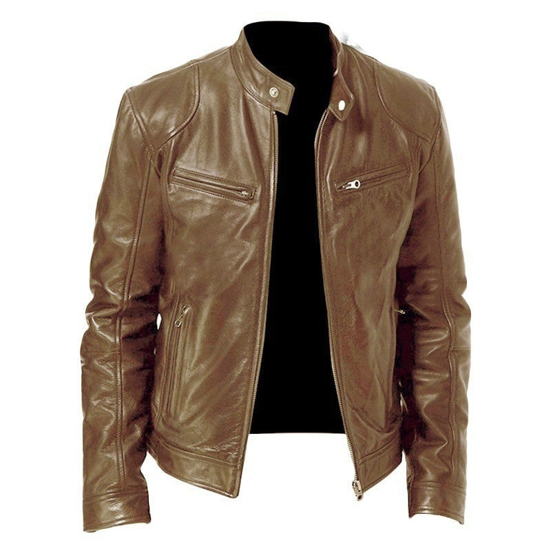 Men’s Zip-Up PU Leather Jacket with Pockets