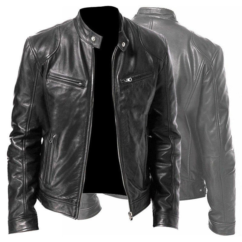 Men’s Zip-Up PU Leather Jacket with Pockets