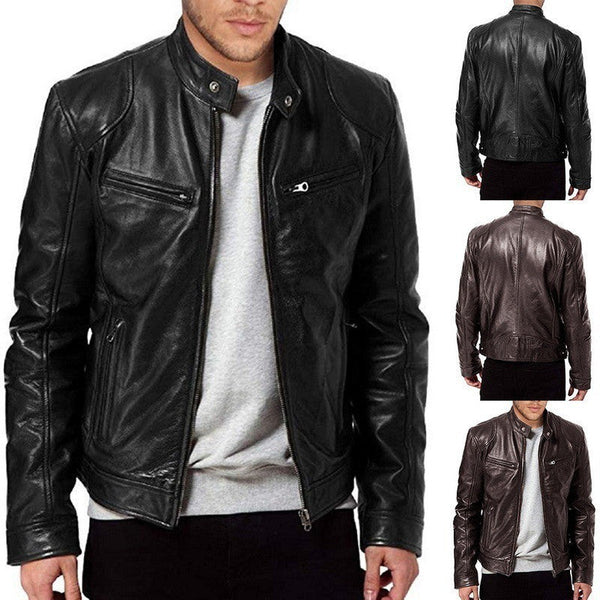 Men’s Zip-Up PU Leather Jacket with Pockets