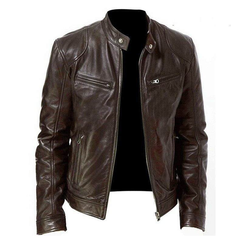 Men’s Zip-Up PU Leather Jacket with Pockets
