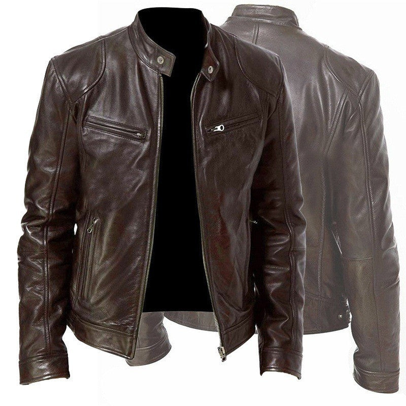 Men’s Zip-Up PU Leather Jacket with Pockets