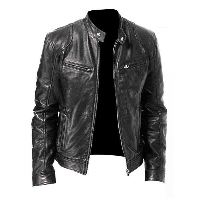 Men’s Zip-Up PU Leather Jacket with Pockets