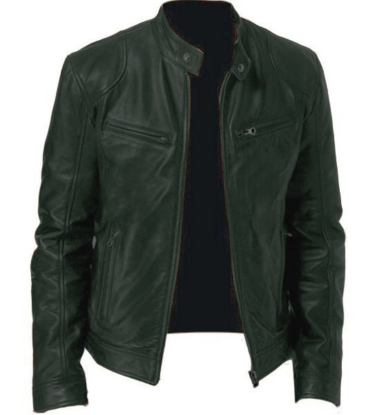 Men’s Zip-Up PU Leather Jacket with Pockets