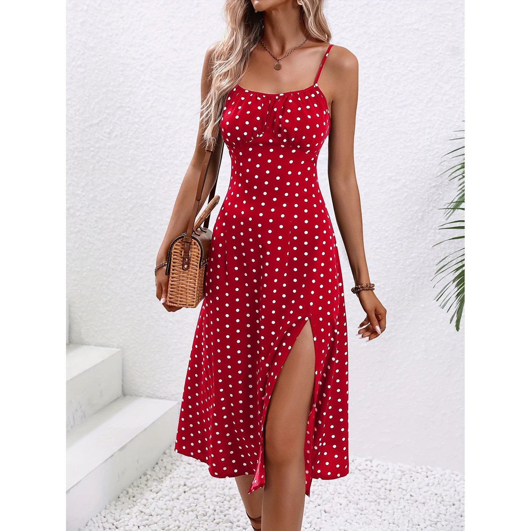Women’s Polka Dot Suspender Split Summer Dress