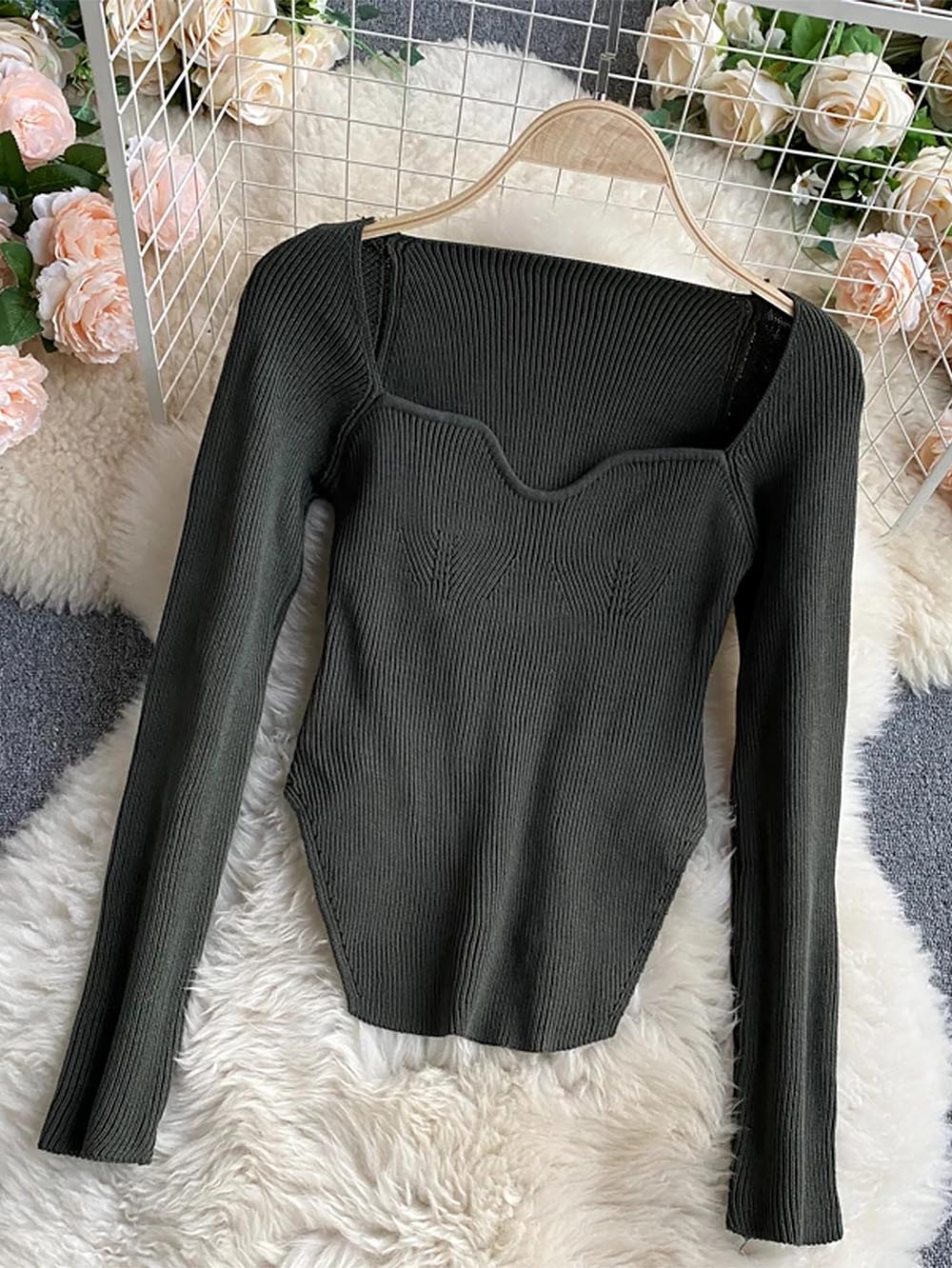 Women’s Square Collar Irregular Long Sleeve Sweater