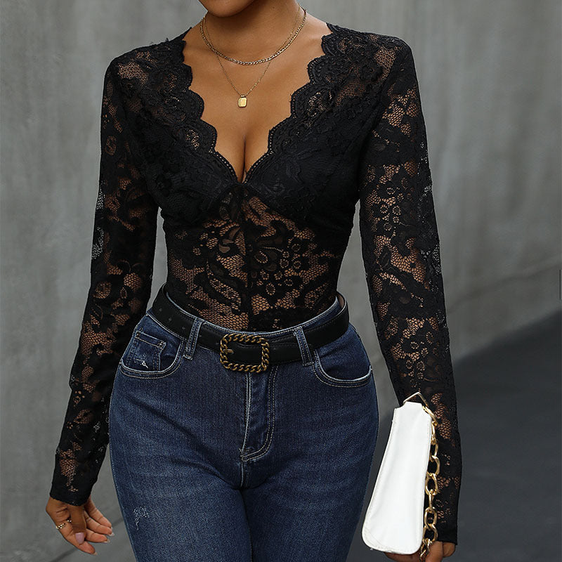 Women’s Fall Solid Color Lace-Detail Long Sleeve Dress