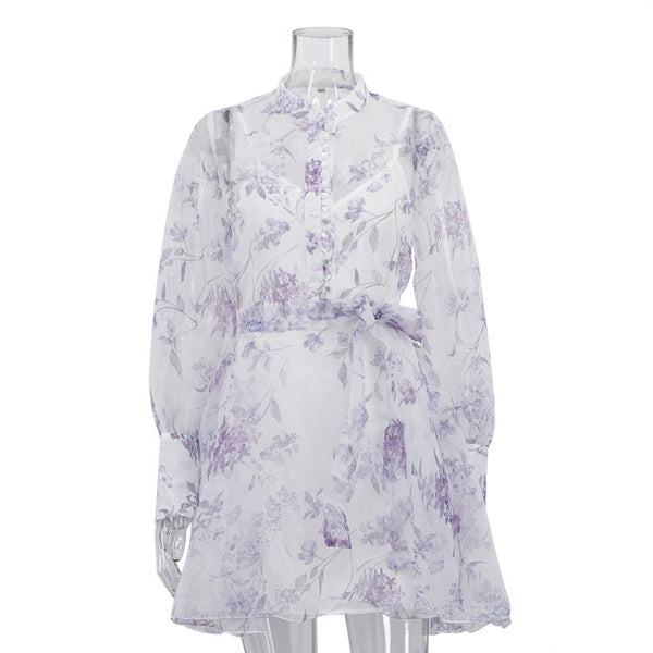Women Elegant Stand Collar Long Sleeve Lace Printing A line Cami Dress