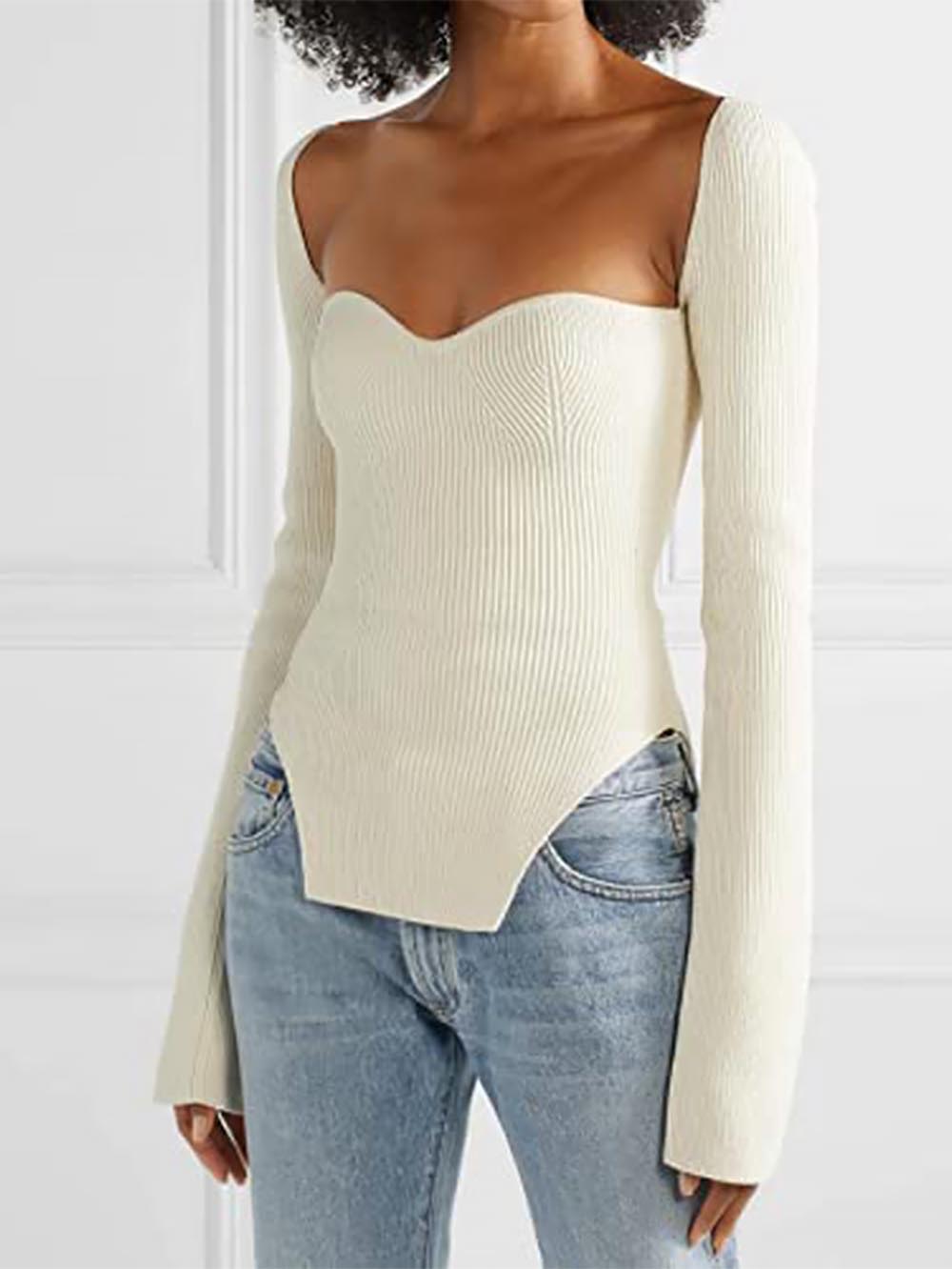 Women’s Square Collar Irregular Long Sleeve Sweater