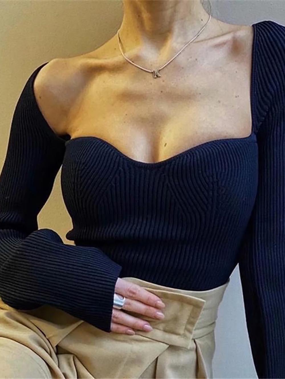 Women’s Square Collar Irregular Long Sleeve Sweater
