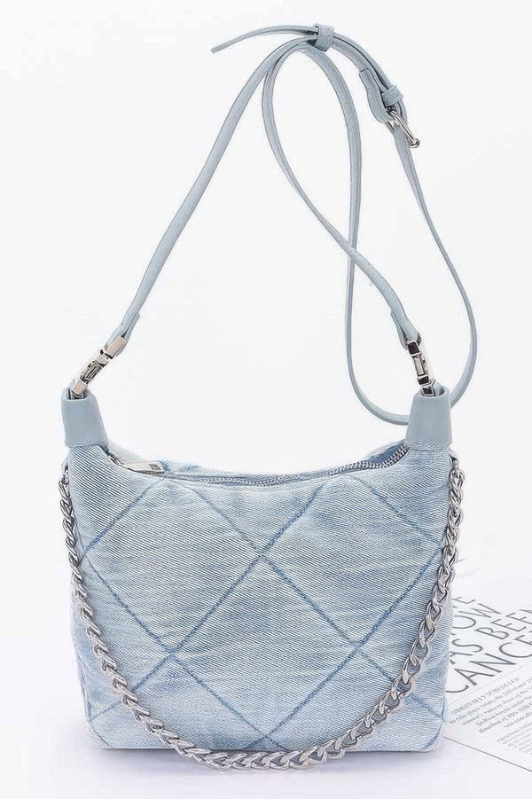 Quilted Washed Denim Shoulder Chain Crossbody Bag