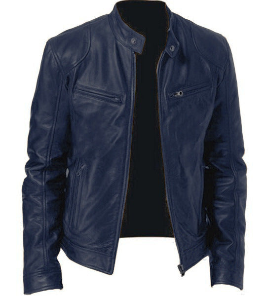 Men’s Zip-Up PU Leather Jacket with Pockets