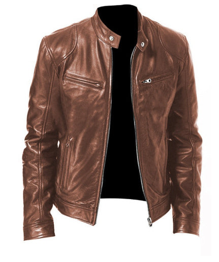 Men’s Zip-Up PU Leather Jacket with Pockets